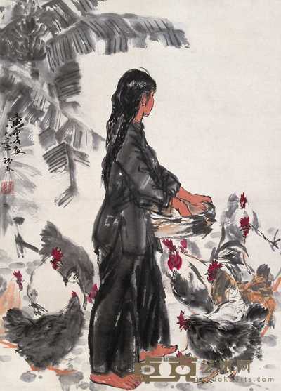 黄冑 1973年作 饲鸡姑娘 立轴 96.5×69cm